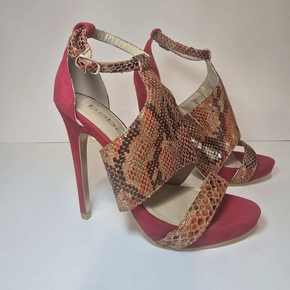 Bebe Size 6 Red Metallic Snake Print Stiletto Heels Ankle Strap Y2K